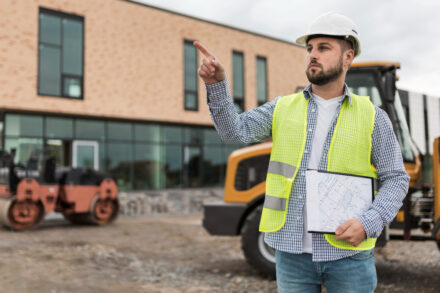 Ouvrier du bâtiment sur un chantier se déplaçant avec son matériel, illustrant les frais de déplacement dans le BTP.